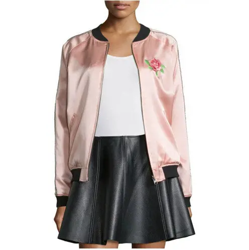 Reversible Coat Rose Flower Letter Embroidery Jacket Women Ralgan Sleeve Spliced Bomber Jacket Coat Pilots Outerwear 4
