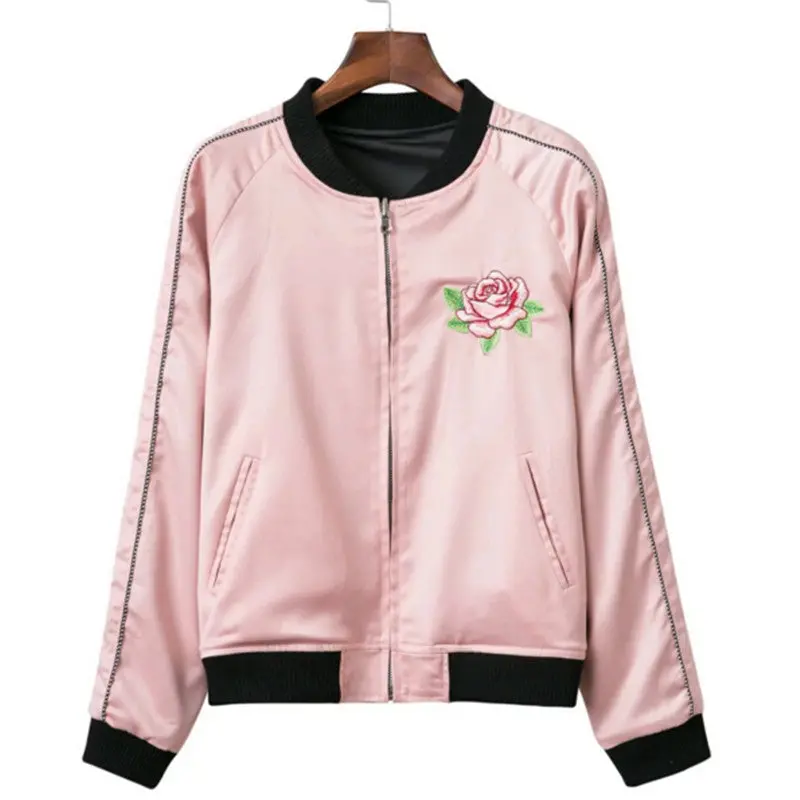 Reversible Coat Rose Flower Letter Embroidery Jacket Women Ralgan Sleeve Spliced Bomber Jacket Coat Pilots Outerwear 5