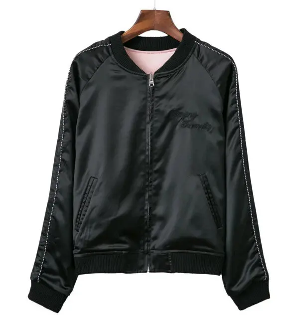 Reversible Coat Rose Flower Letter Embroidery Jacket Women Ralgan Sleeve Spliced Bomber Jacket Coat Pilots Outerwear 7