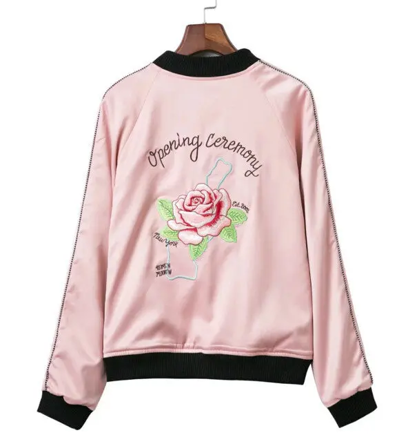 Reversible Coat Rose Flower Letter Embroidery Jacket Women Ralgan Sleeve Spliced Bomber Jacket Coat Pilots Outerwear 8