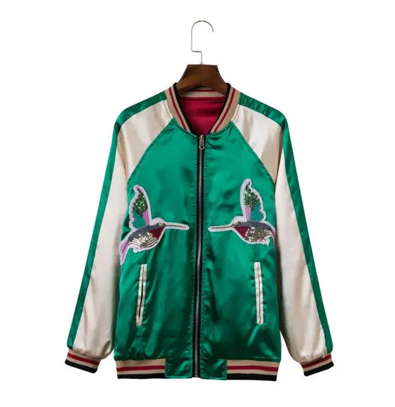 Reversible Coat Sequins Bird Plum Flower Embroidery Jacket Women Contrast Sleeve Bomber Jacket Coat Pilots Outerwear 1