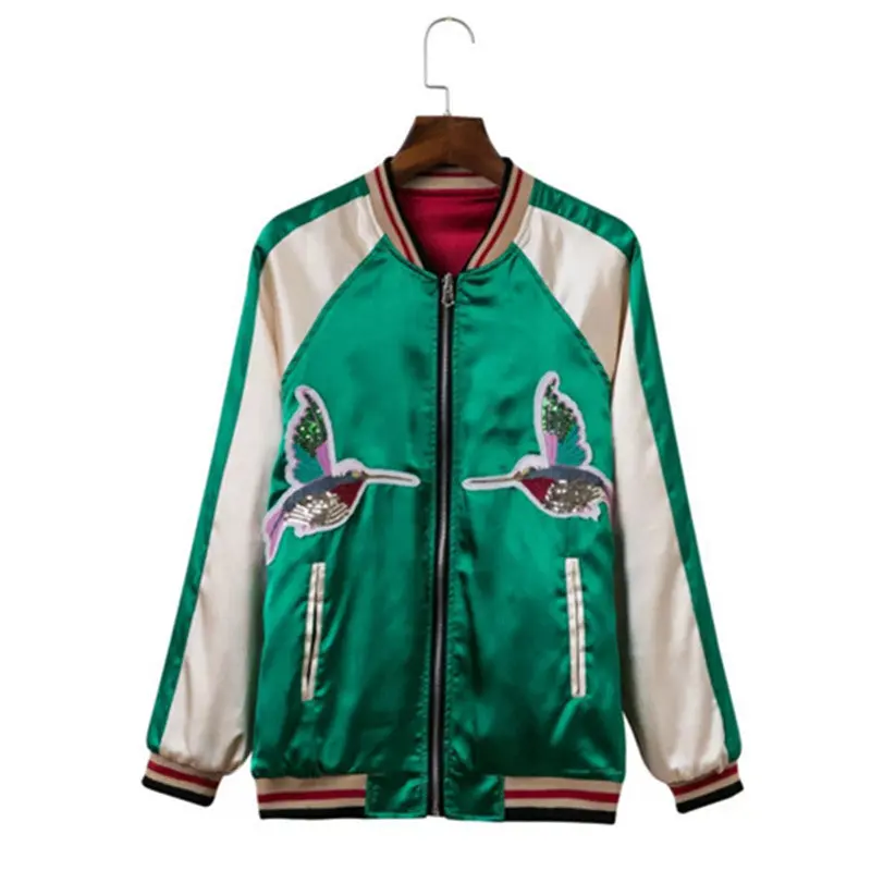 Reversible Coat Sequins Bird Plum Flower Embroidery Jacket Women Contrast Sleeve Bomber Jacket Coat Pilots Outerwear 3