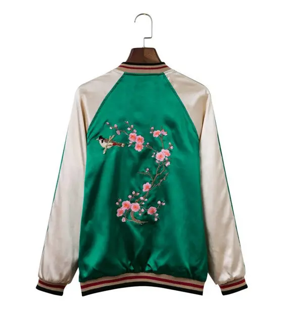 Reversible Coat Sequins Bird Plum Flower Embroidery Jacket Women Contrast Sleeve Bomber Jacket Coat Pilots Outerwear 6