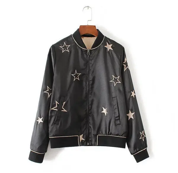 Reversible Coat Star Embroidery Jacket Women Stand Collar Black Beige Color Bomber Jacket Coat Pilots Outerwear 1