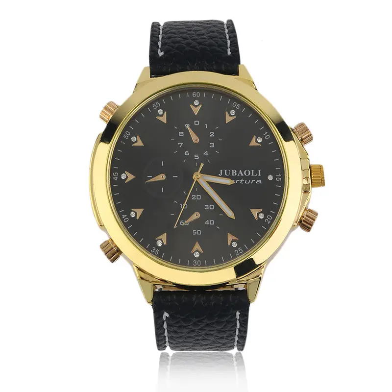 Rhinestone Round Dial Leather Band Quartz Wrist Watch 3 Sud-Dials For Jubaoli 2