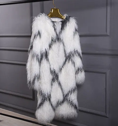Rhombus Plaid Long Hairy Shaggy Faux Sheep Fur Coat Women O Neck Faux Fur Mid Long Coats Warm Outerwear 1