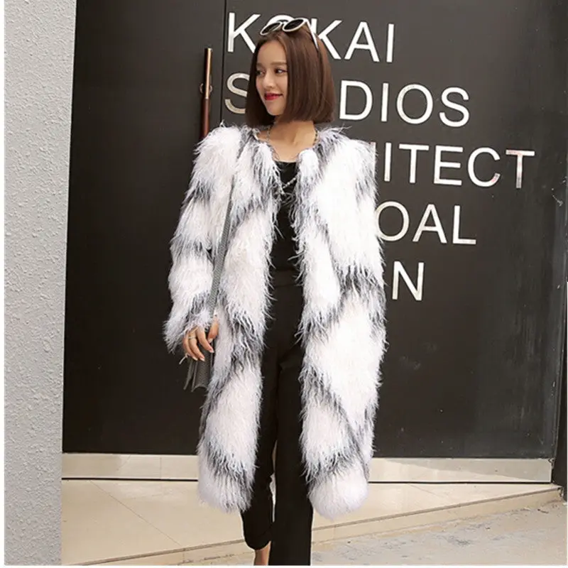 Rhombus Plaid Long Hairy Shaggy Faux Sheep Fur Coat Women O Neck Faux Fur Mid Long Coats Warm Outerwear 2