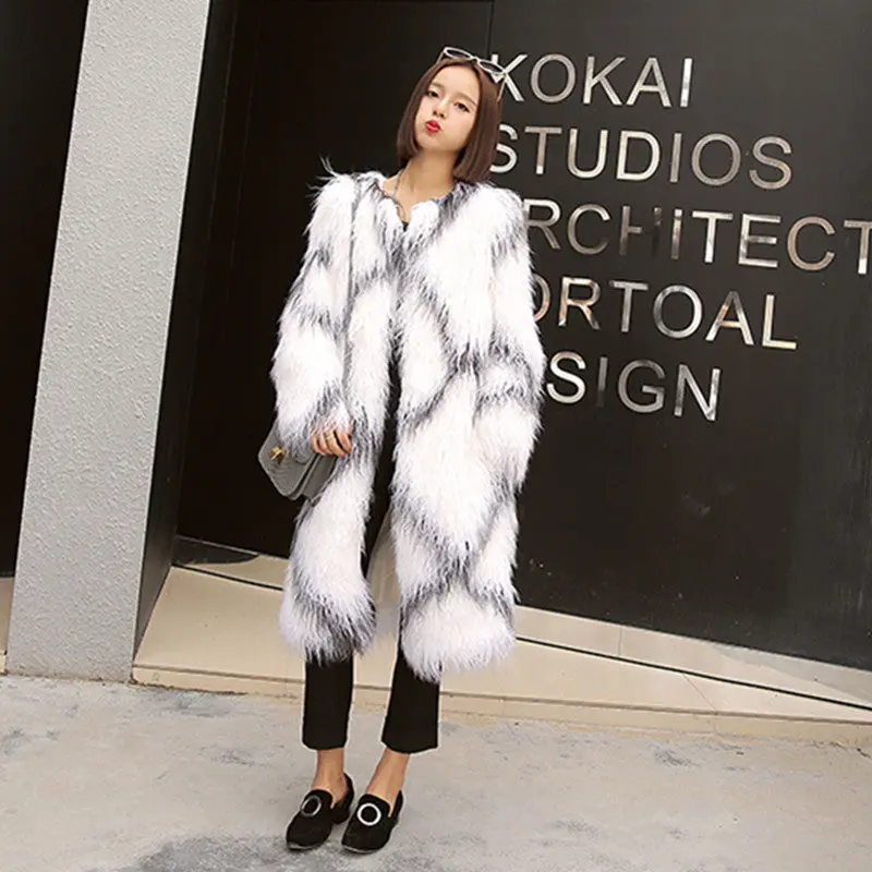 Rhombus Plaid Long Hairy Shaggy Faux Sheep Fur Coat Women O Neck Faux Fur Mid Long Coats Warm Outerwear 3