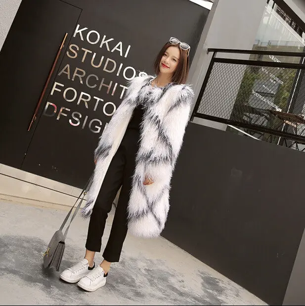 Rhombus Plaid Long Hairy Shaggy Faux Sheep Fur Coat Women O Neck Faux Fur Mid Long Coats Warm Outerwear 4