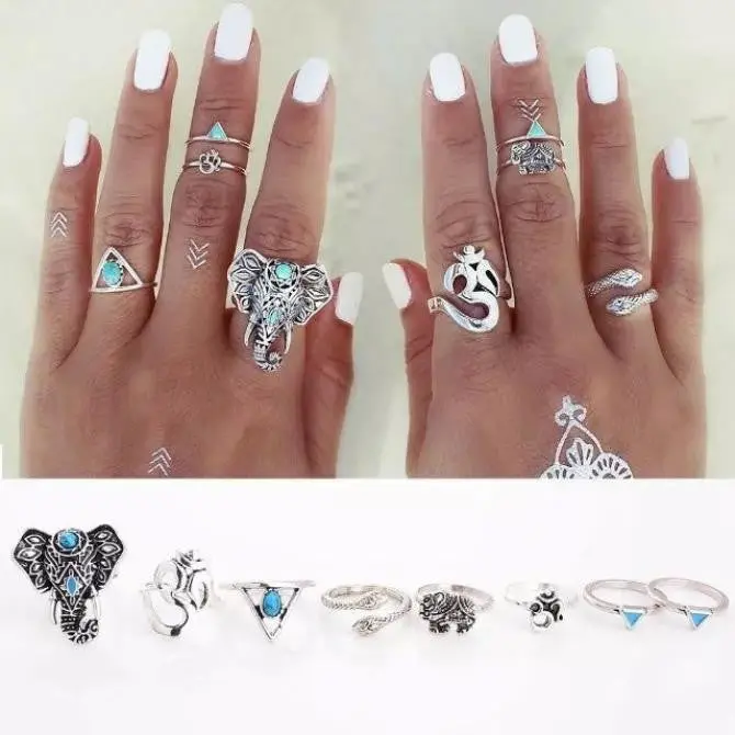 Ring 8Pcs Rings For Women Silver Bohemian Elephant Midi Steampunk Turquoise Knuckle Jewelry Gift Anillo Feminino 1