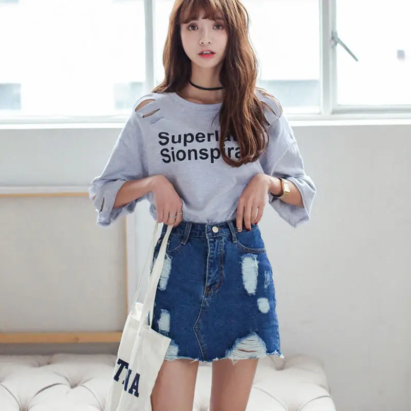 Ripped Denim Skirt Vintage High Waist Skirts Womens Sexy Bodycon Mini Skirt Ladies With Pockets 1