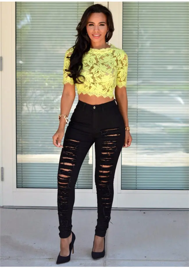 Ripped Jeans High Waist Skinny Jeans Stretchy Destroyed Women Pants Trousers Sexy Hole Jeans Woman White Pencil Jean 1