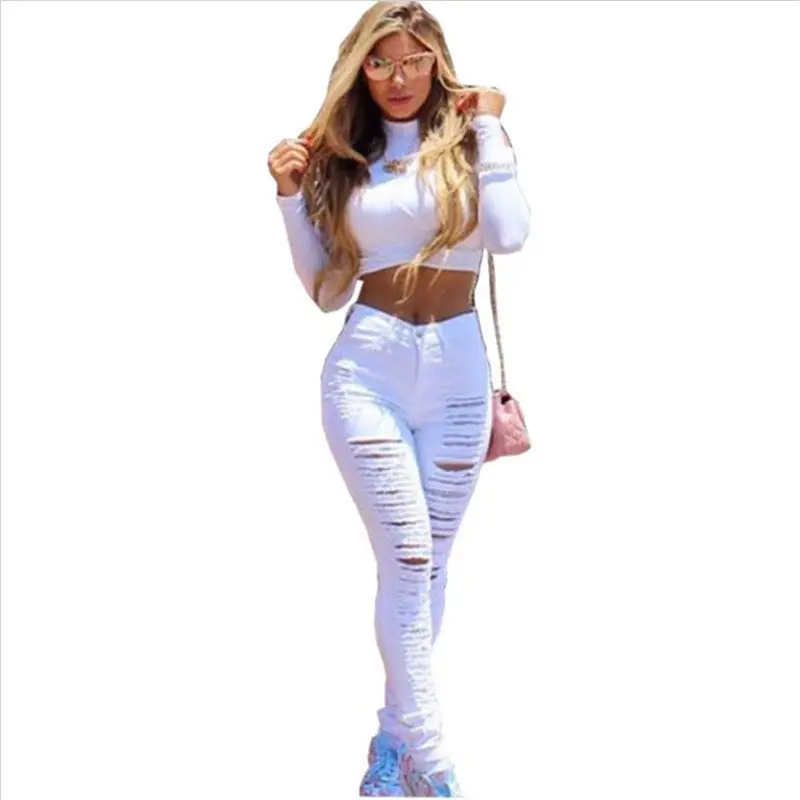 Ripped Jeans High Waist Skinny Jeans Stretchy Destroyed Women Pants Trousers Sexy Hole Jeans Woman White Pencil Jean 3