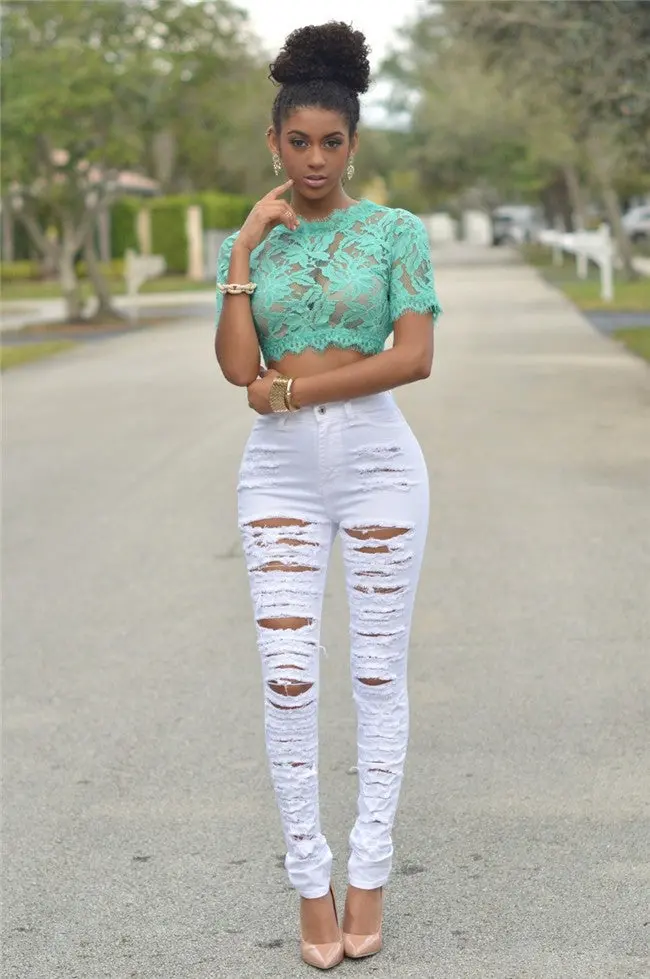 Ripped Jeans High Waist Skinny Jeans Stretchy Destroyed Women Pants Trousers Sexy Hole Jeans Woman White Pencil Jean 5