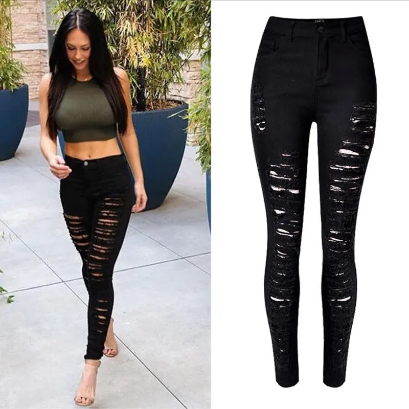 Ripped Jeans High Waist Skinny Jeans Stretchy Destroyed Women Pants Trousers Sexy Hole Jeans Woman White Pencil Jean 5