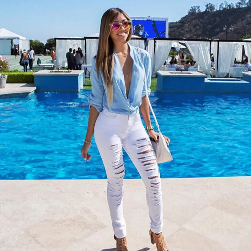 Ripped Jeans High Waist Skinny Jeans Stretchy Destroyed Women Pants Trousers Sexy Hole Jeans Woman White Pencil Jean 6