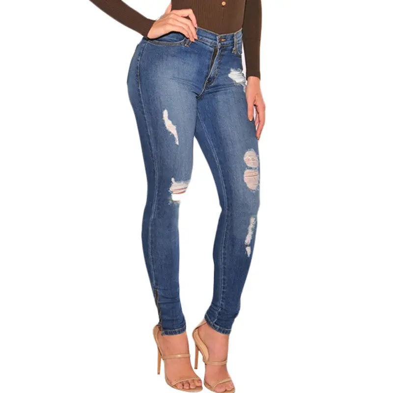 Ripped Jeans Women Blue Washed High Waist Jeans Femme Destroyed Hole Denim Jeans Woman Skinny Pencil Pants 2