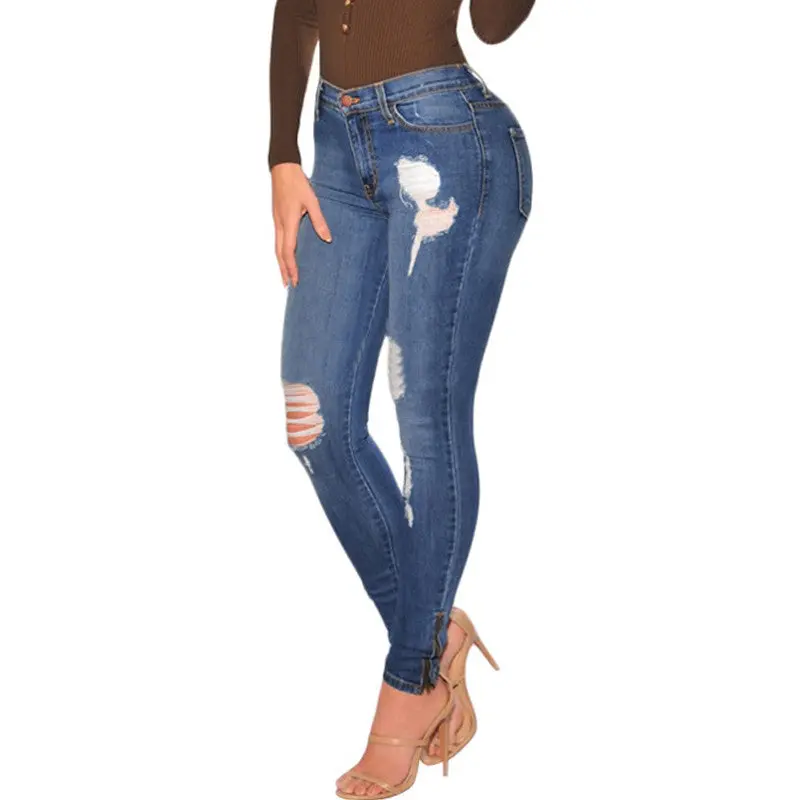 Ripped Jeans Women Blue Washed High Waist Jeans Femme Destroyed Hole Denim Jeans Woman Skinny Pencil Pants 3