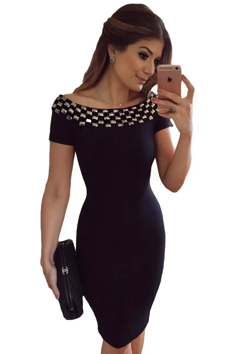 Rivet Stitching Off Shoulder Dress Black Bodycon Midi Dress Short Sleeve Cute Elegant Short Party Dresses 1
