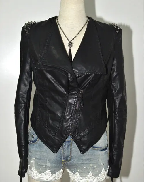 Rivet Studs Spike Shoulder Pads Faux Leather Jacket Lapel Draped Pu Lather Punk Biker Jacket Slim Fit Blazer Outwear Tops 1