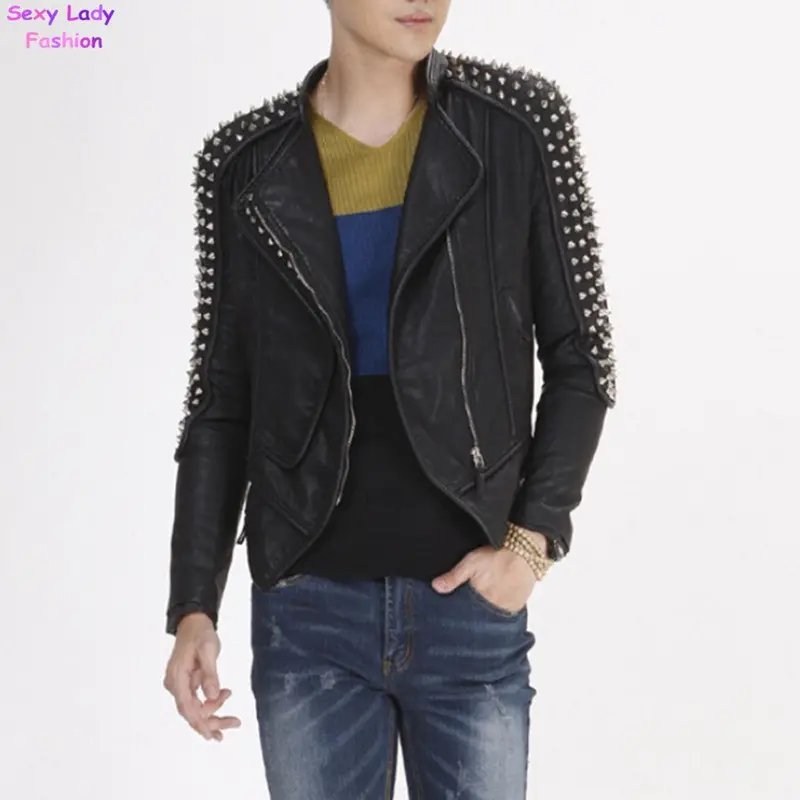 Rivet Studs Spike Shoulder Pads Lapel Draped Pu Faux Leather Punk Biker Jacket Pub Men's Slim Blazer Outwear Tops Plus Size 2