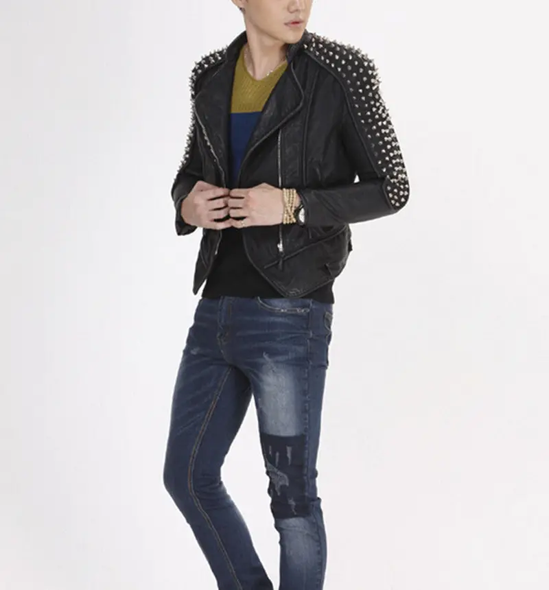 Rivet Studs Spike Shoulder Pads Lapel Draped Pu Faux Leather Punk Biker Jacket Pub Men's Slim Blazer Outwear Tops Plus Size 3
