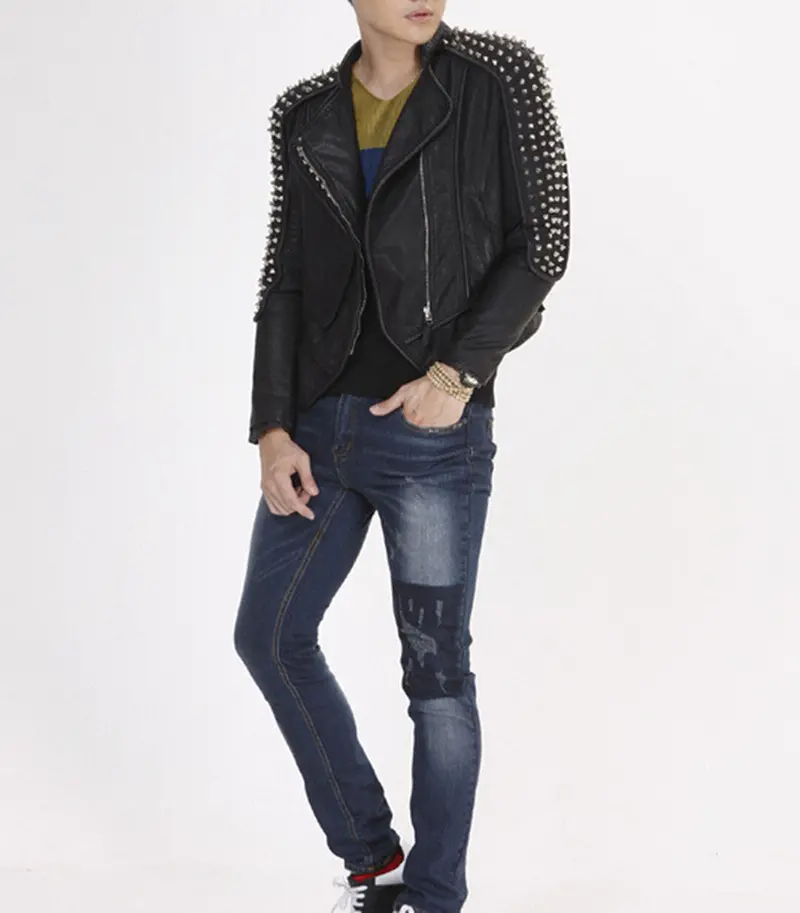 Rivet Studs Spike Shoulder Pads Lapel Draped Pu Faux Leather Punk Biker Jacket Pub Men's Slim Blazer Outwear Tops Plus Size 4