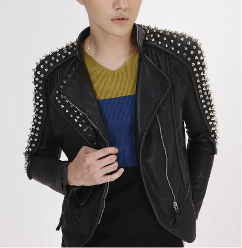 Rivet Studs Spike Shoulder Pads Lapel Draped Pu Faux Leather Punk Biker Jacket Pub Men's Slim Blazer Outwear Tops Plus Size 5