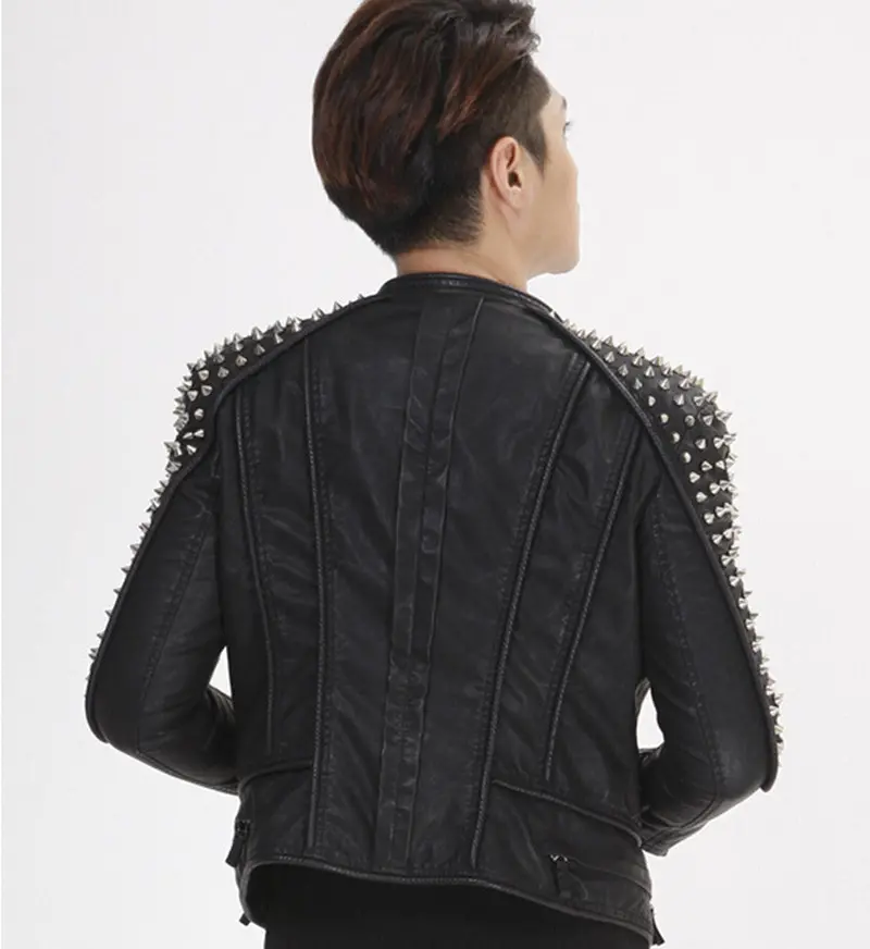 Rivet Studs Spike Shoulder Pads Lapel Draped Pu Faux Leather Punk Biker Jacket Pub Men's Slim Blazer Outwear Tops Plus Size 6