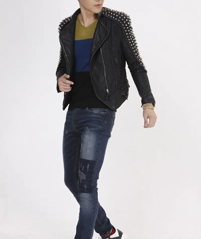 Rivet Studs Spike Shoulder Pads Lapel Draped Pu Faux Leather Punk Biker Jacket Pub Men's Slim Blazer Outwear Tops Plus Size 7
