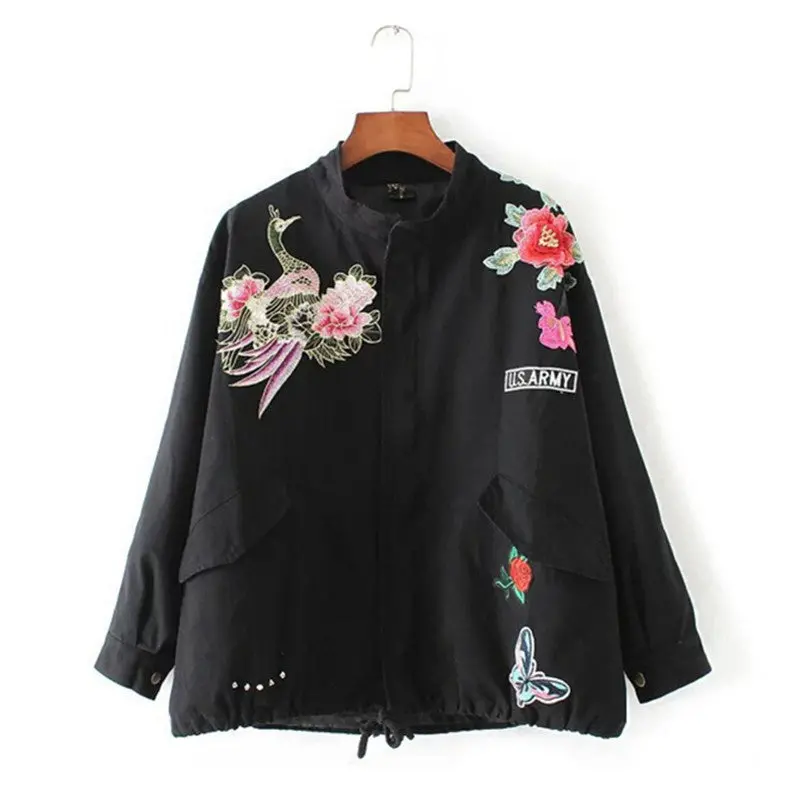 Rivets Appliques Flower Bird Embroidery Jacket Women Stand Collar Loose Drawstring Coat Casual Outerwear Black 1