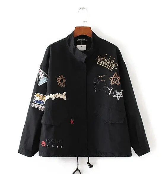 Rivets Appliques Letter Number Embroidery Jacket Women Stand Collar Loose Drawstring Coat Casual Outerwear 1