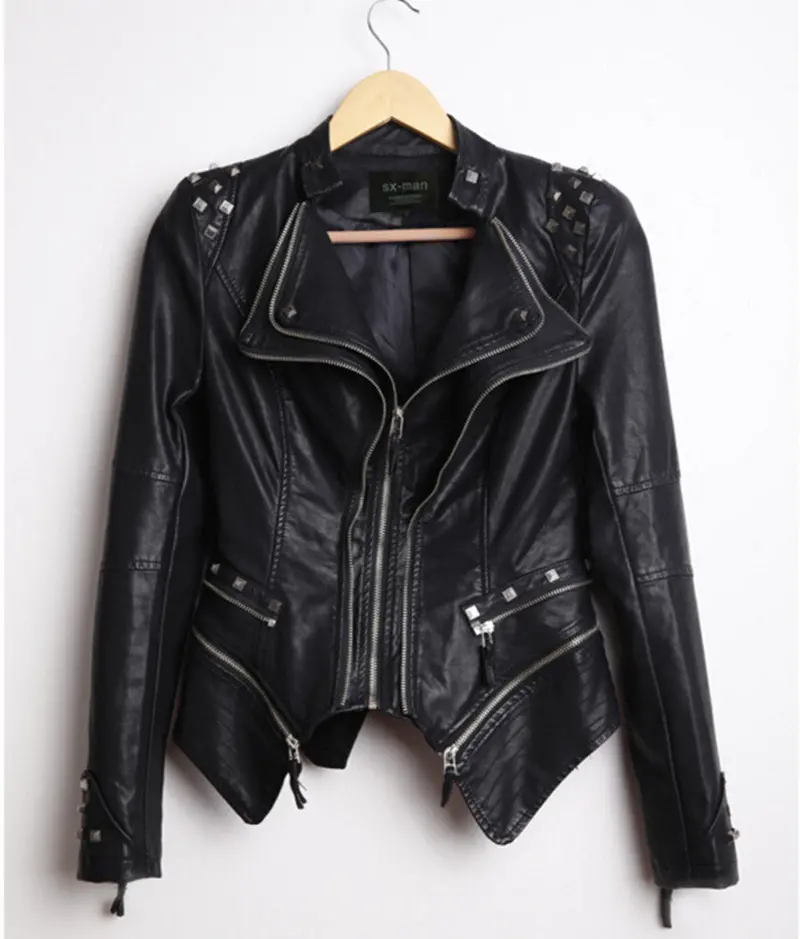 Rivets Shrug Shoulder Pads Biker Faux Leather Jacket Doulbe Lapel Zipper Exposed Asymmetric Coat Pu Leather Outwear S - 6Xl 4
