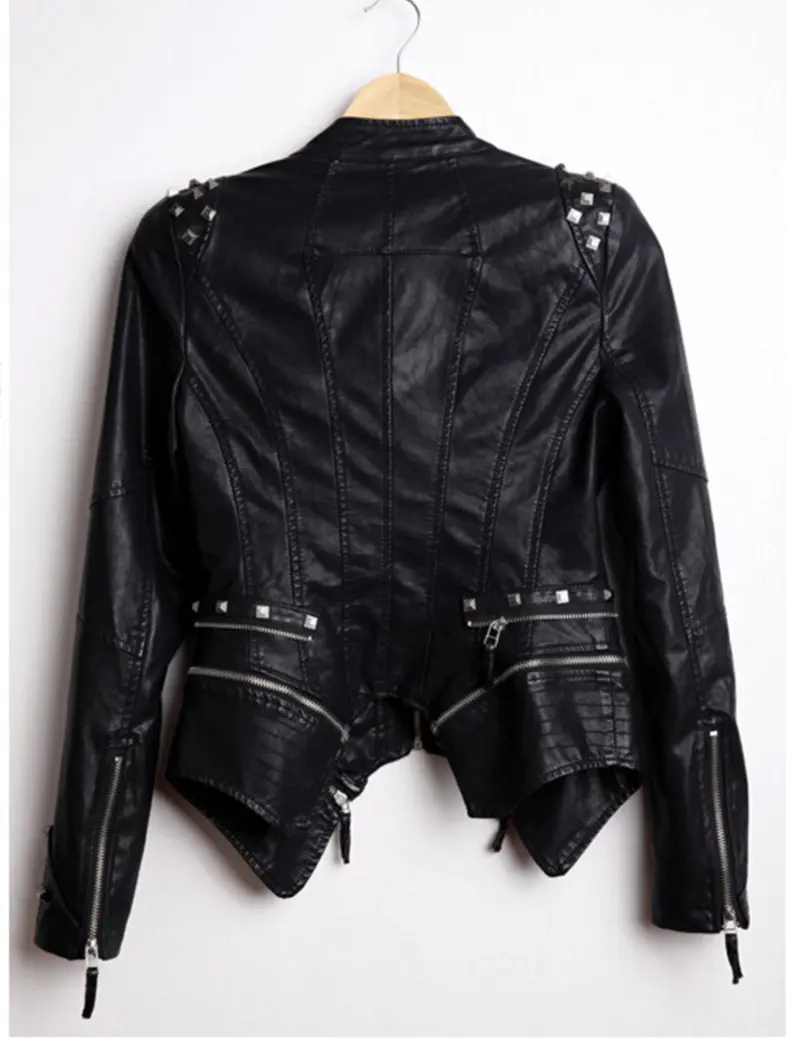 Rivets Shrug Shoulder Pads Biker Faux Leather Jacket Doulbe Lapel Zipper Exposed Asymmetric Coat Pu Leather Outwear S - 6Xl 5
