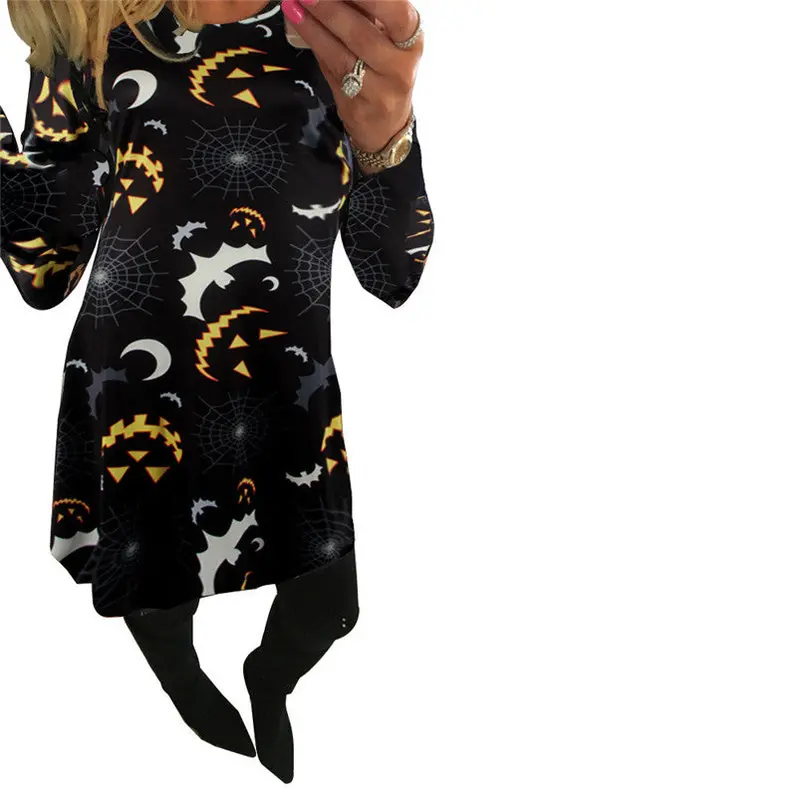 Robe Halloween Bat Print Long Sleeve Party Vintage Swing Mini Dress Women Vestidos Fast Shipping Feida 3