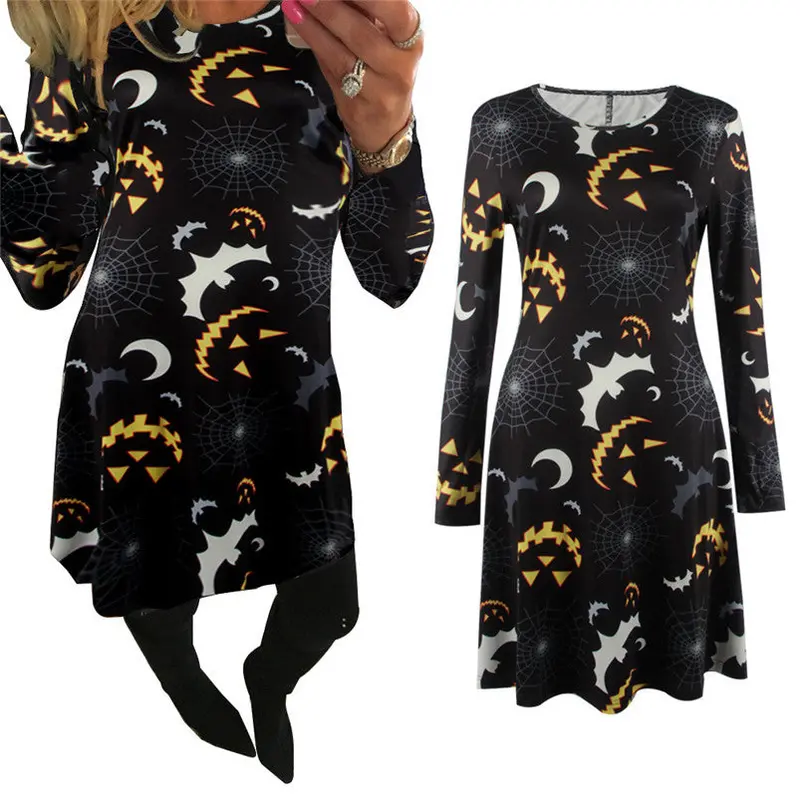 Robe Halloween Bat Print Long Sleeve Party Vintage Swing Mini Dress Women Vestidos Fast Shipping Feida 4