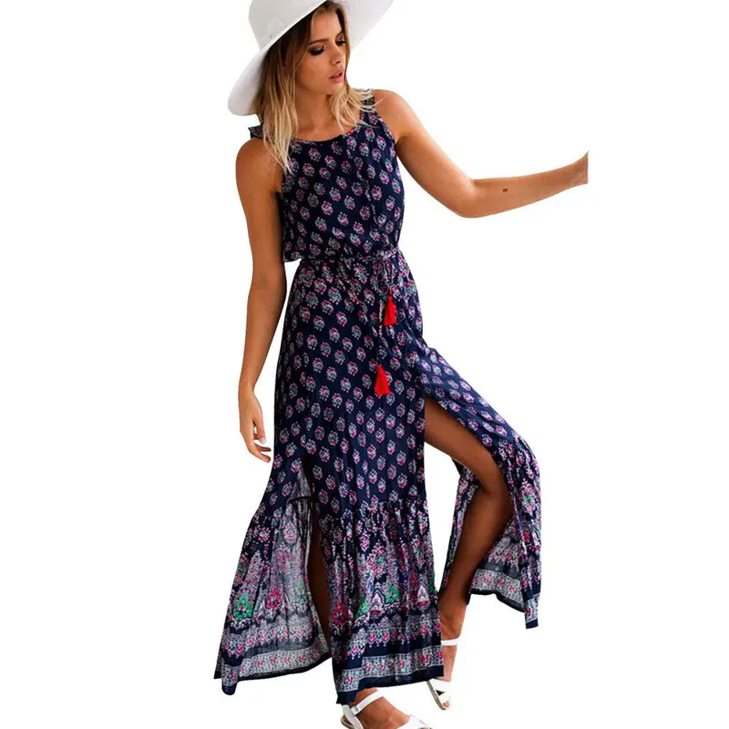 Robe Women Sexy Vintage Backless Sleeveless Printed Open Fork Maxi Long Dress Feida 1
