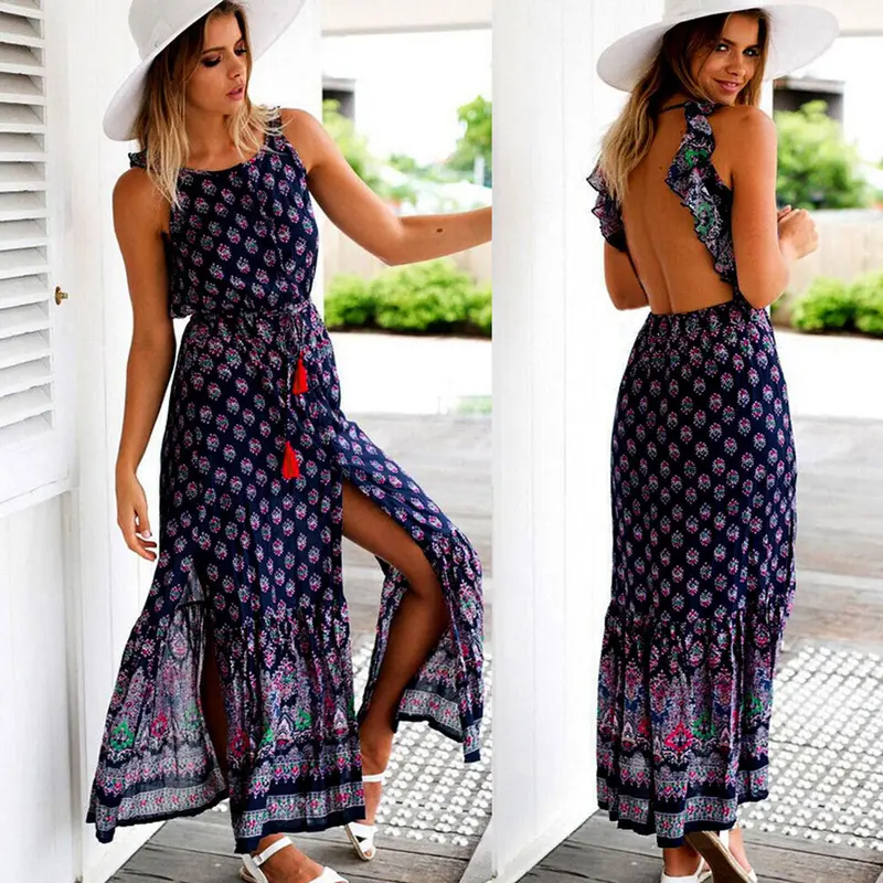 Robe Women Sexy Vintage Backless Sleeveless Printed Open Fork Maxi Long Dress Feida 2