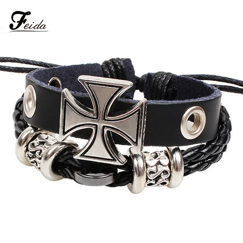 Roman Cross Braided Wooden Bead Wrist Bracelet Men Women Leather Jewelry Pulseira Masculina Feida 1