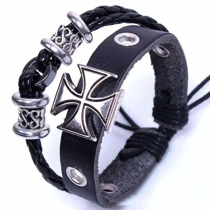 Roman Cross Braided Wooden Bead Wrist Bracelet Men Women Leather Jewelry Pulseira Masculina Feida 2