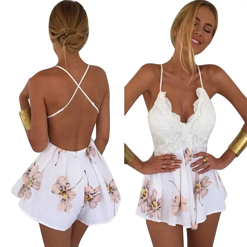 Rompers Woman Playsuit Womens Sexy White Backless Plunge Vneck Floral Print Crochet Lace Jumpsuit Overalls For Women 1