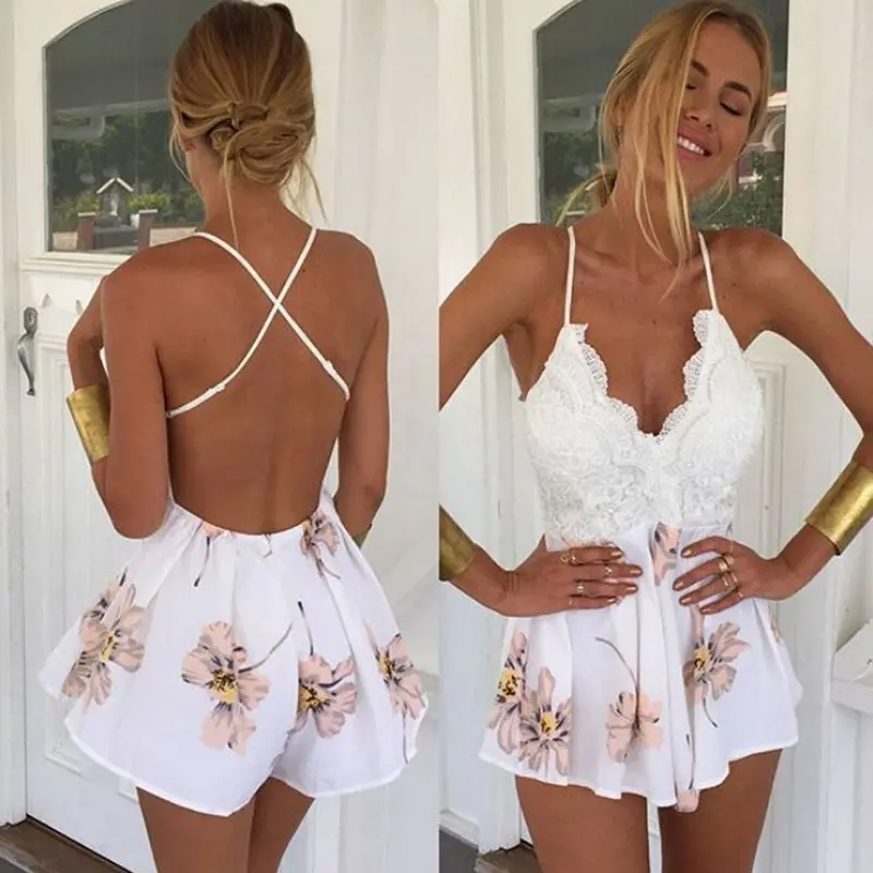 Rompers Woman Playsuit Womens Sexy White Backless Plunge Vneck Floral Print Crochet Lace Jumpsuit Overalls For Women 2