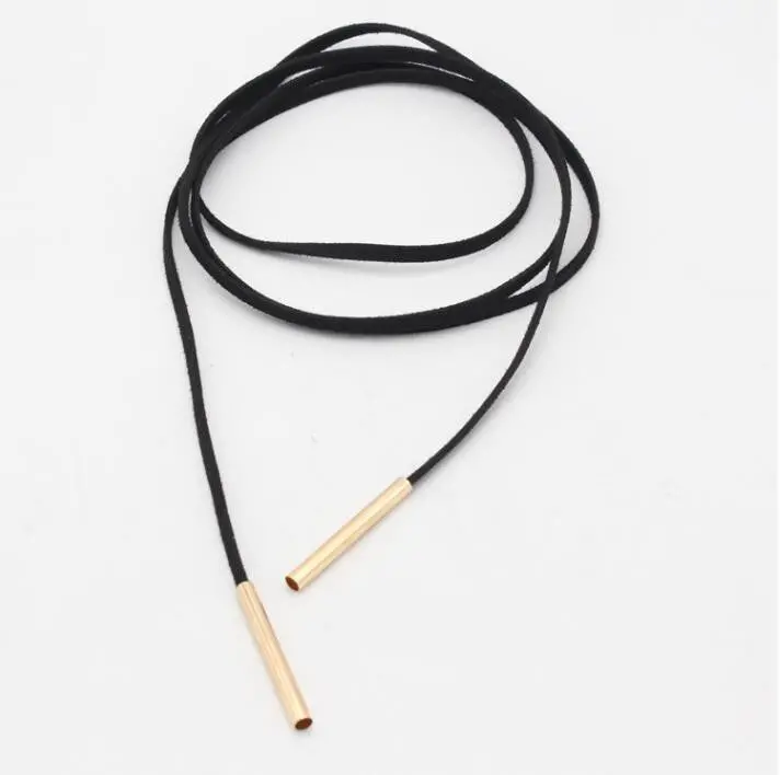 Rope Necklace Long Black Leather Rope Gold Tube False Choker Collar Necklace Collier Bijoux 1