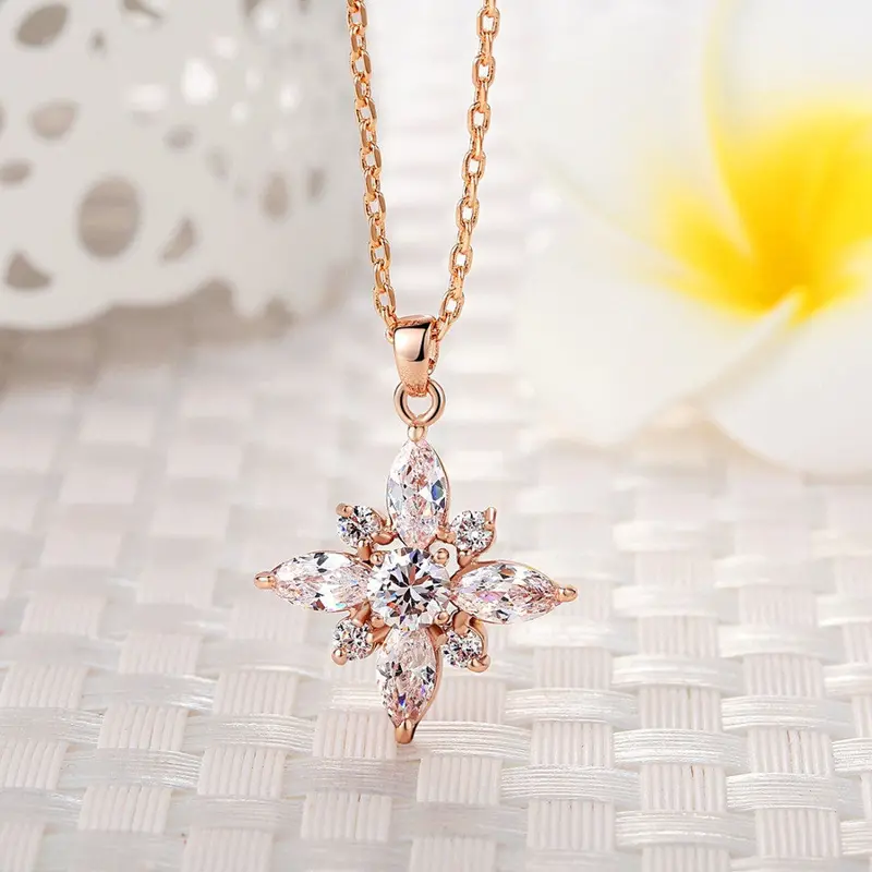 Rose 18K Gold Plated Necklaces With Aaa White Cubic Zirconia Pendants For 2