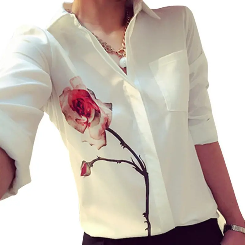 Rose Flower Printed Long Sleeve Blouse Women Turn Down Collar Chiffon Shirts White Big Size Women Office Shirt 1