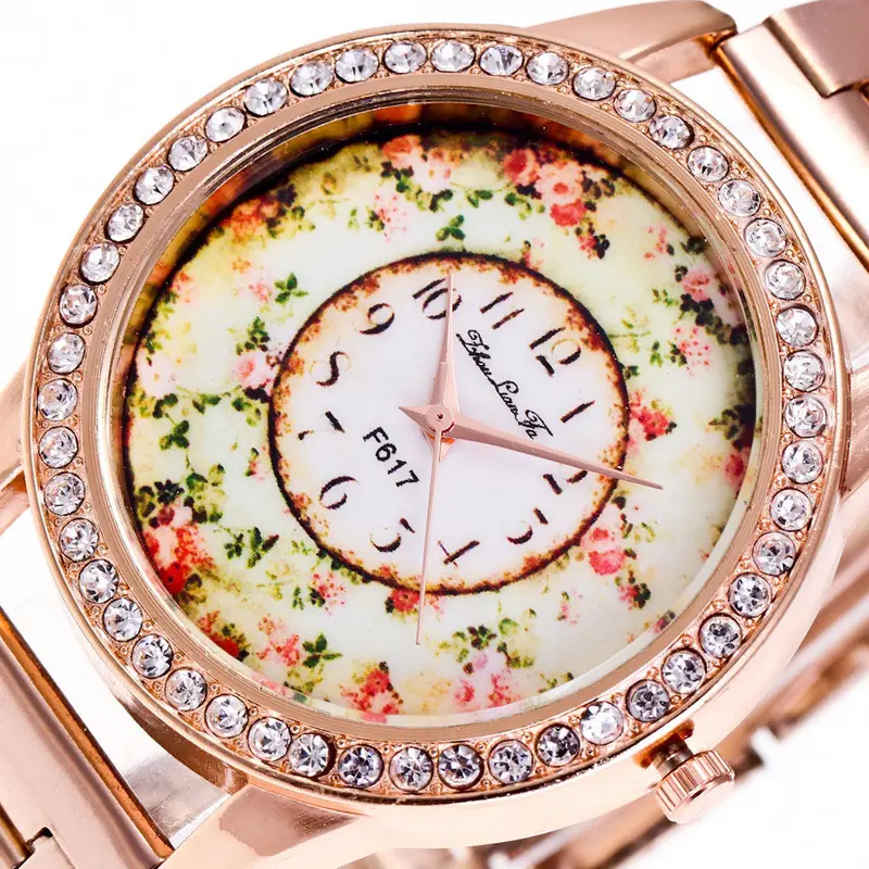 Rose Gold Reloj Mujer Flowers Design Dial Steel Diamond Quartz-Watch Luxury Ladies Watch Dropshipping Feida 1