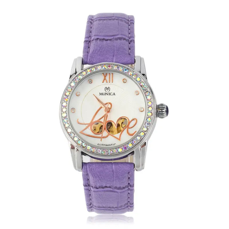 Round Classic Mechanical Analog Watch Love Heart Groove Hollow Design Crystal Dial Pu Band Casual Wristwatch Relojes Mujer 1