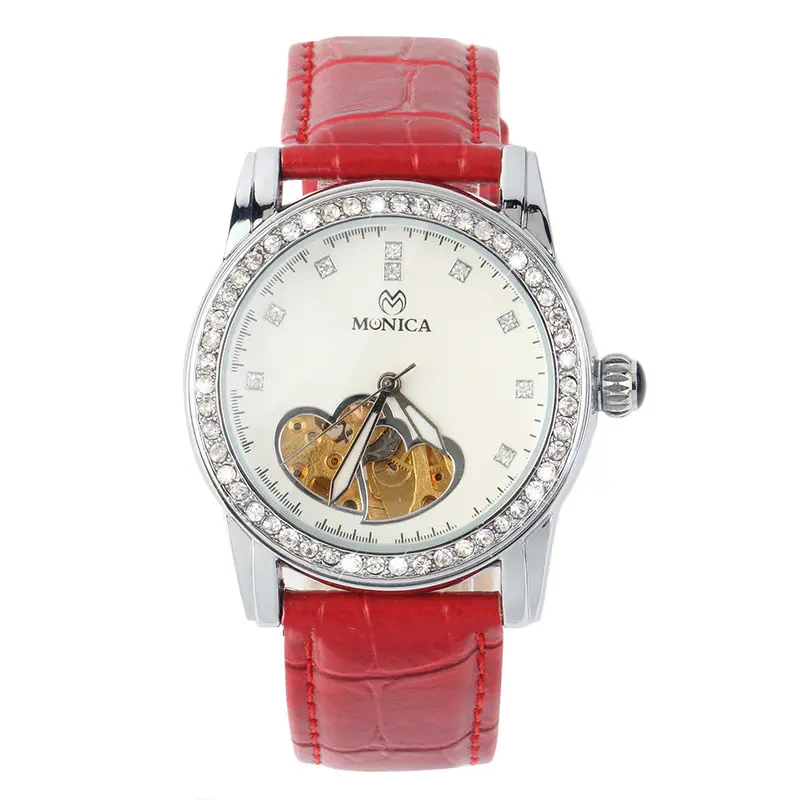 Round Classic Mechanical Analog Watch Love Heart Groove Hollow Design Crystal Dial Pu Band Casual Wristwatch Relojes Mujer 2