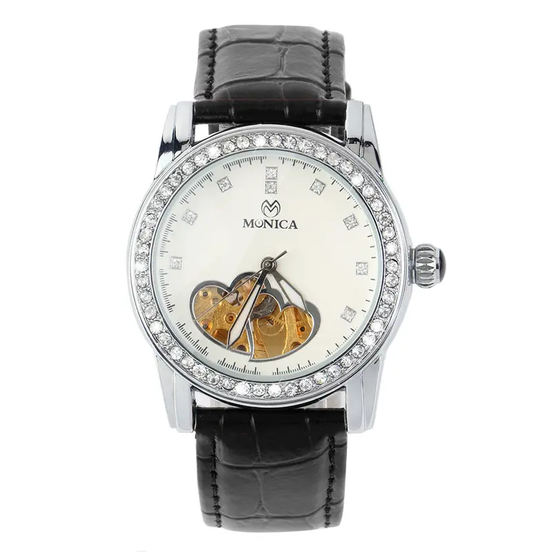 Round Classic Mechanical Analog Watch Love Heart Groove Hollow Design Crystal Dial Pu Band Casual Wristwatch Relojes Mujer 3
