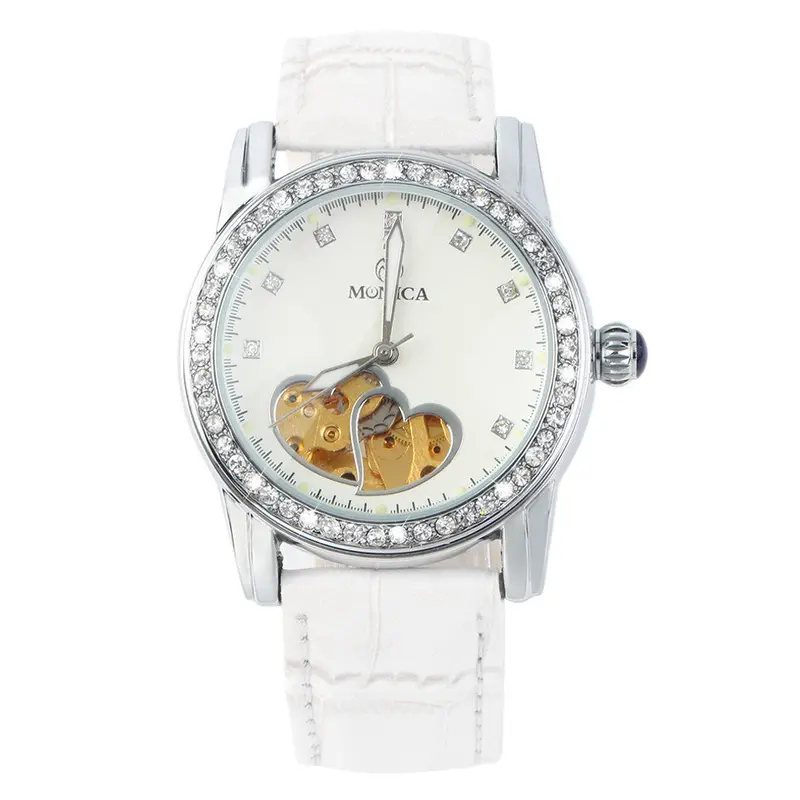 Round Classic Mechanical Analog Watch Love Heart Groove Hollow Design Crystal Dial Pu Band Casual Wristwatch Relojes Mujer 4